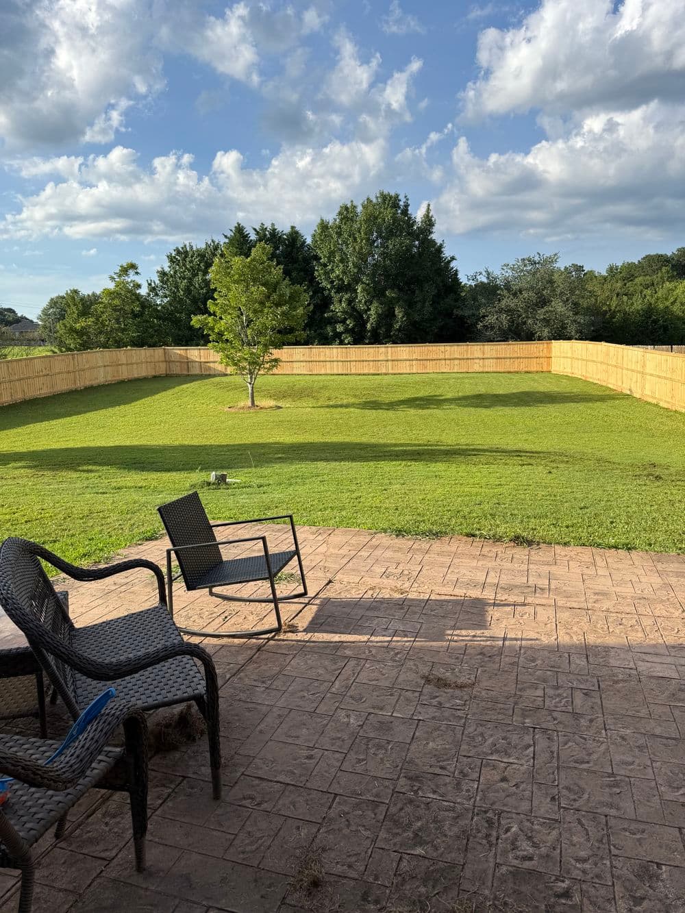 Spacious backyard with green grass, fence, tree, and outdoor seating under a blue sky.